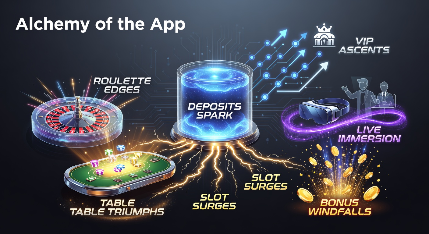 Vibrant mobile casino app interface showing deposits triggering slot spins, roulette wheels, and rising VIP meters