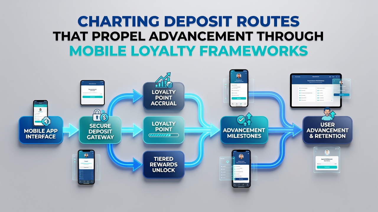 Visual representation of deposit routes flowing through mobile loyalty frameworks with connected user progression paths