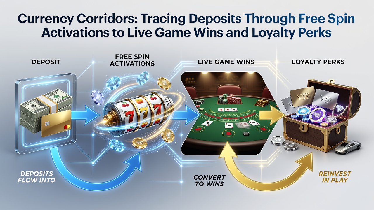 Visual representation of digital payment flows connecting deposits, free spin activations, live game outcomes, and loyalty reward structures in online gaming platforms
