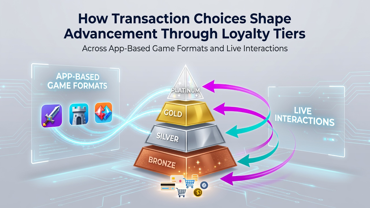 Mobile gaming interface showing transaction options and loyalty progress indicators across app-based formats