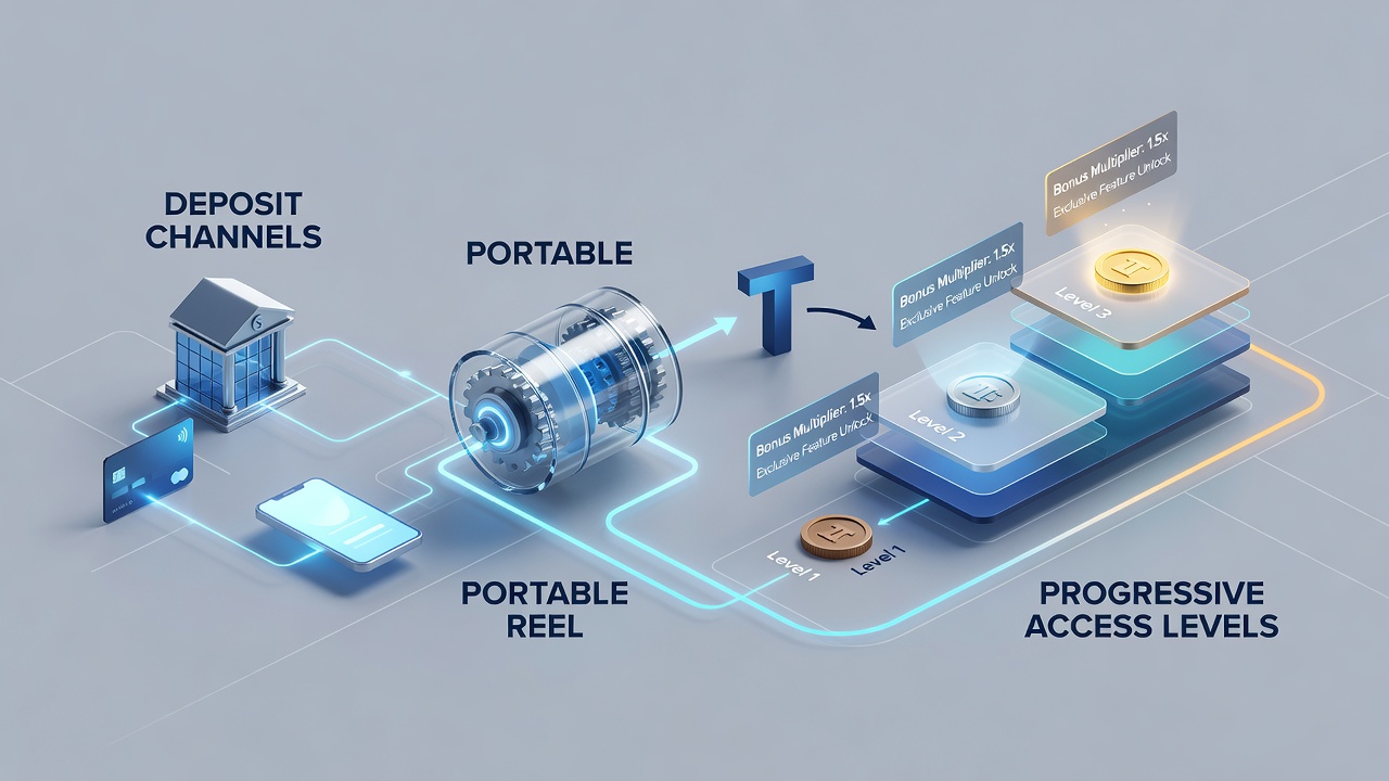 Infographic illustrating deposit flows connecting to tiered rewards in mobile slots and table games