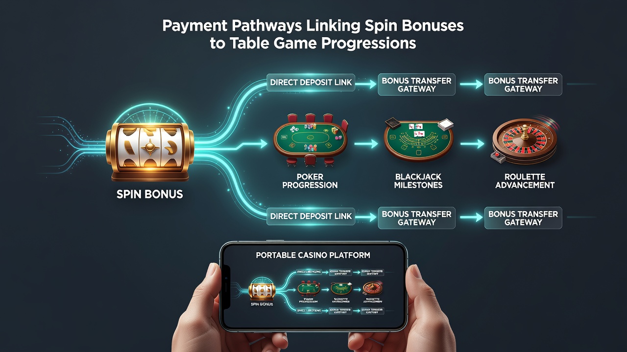 Diagram depicting mobile payment flows linking slot bonuses to live table game advancements