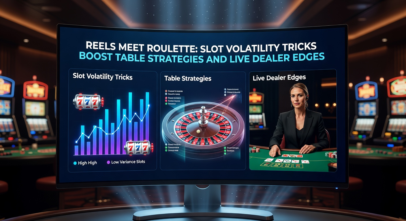 Vibrant slot reels aligning symbols next to a spinning roulette wheel, illustrating volatility strategies in action