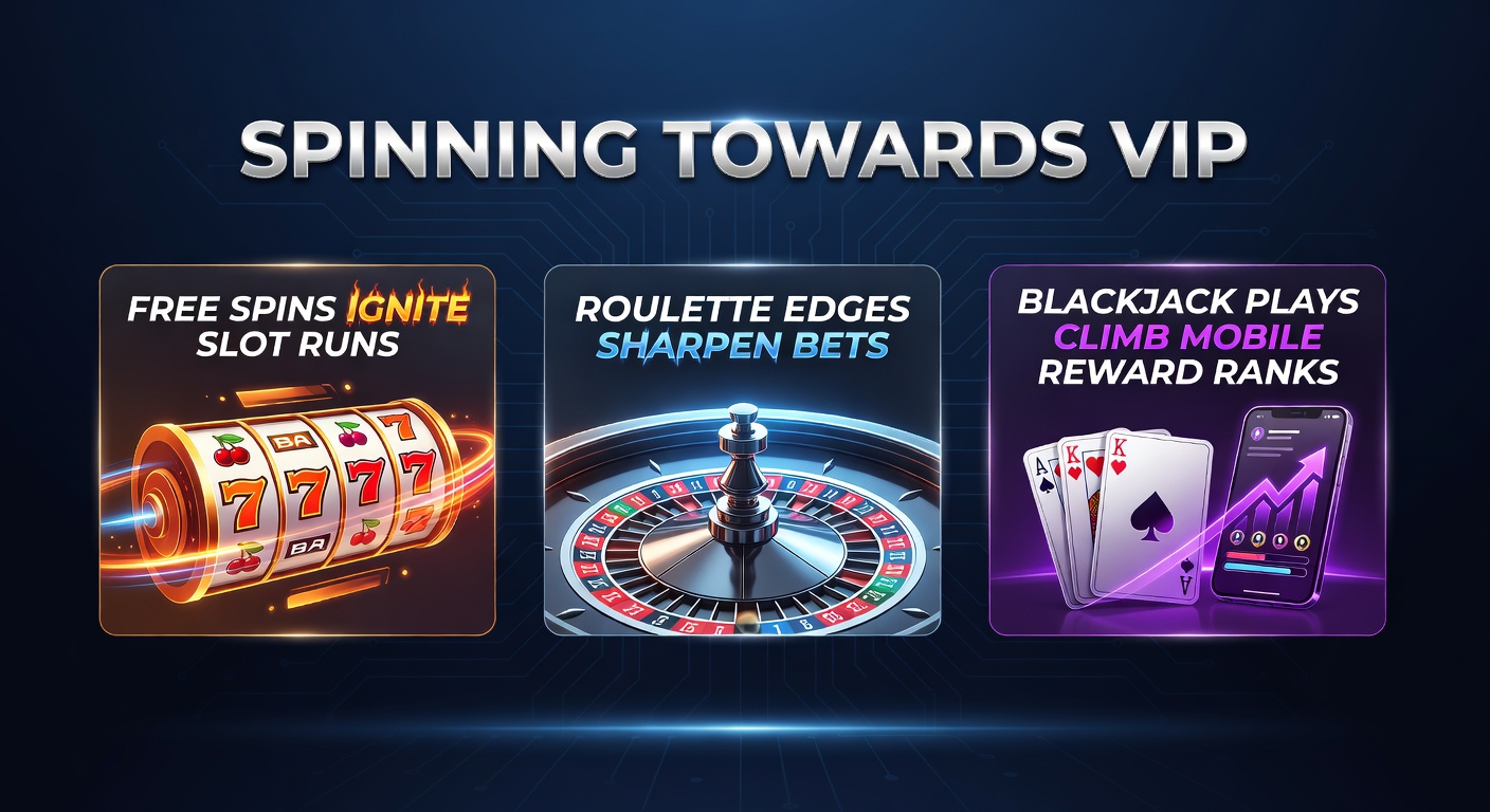 Vibrant mobile casino screen displaying slot reels spinning with free spin bonuses, roulette wheel in motion, and blackjack table with VIP chip stacks