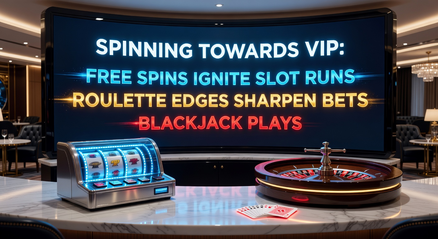 Close-up of a smartphone showing a blackjack hand with high-value cards, surrounded by roulette bet layouts and slot free spin counters climbing toward VIP badges