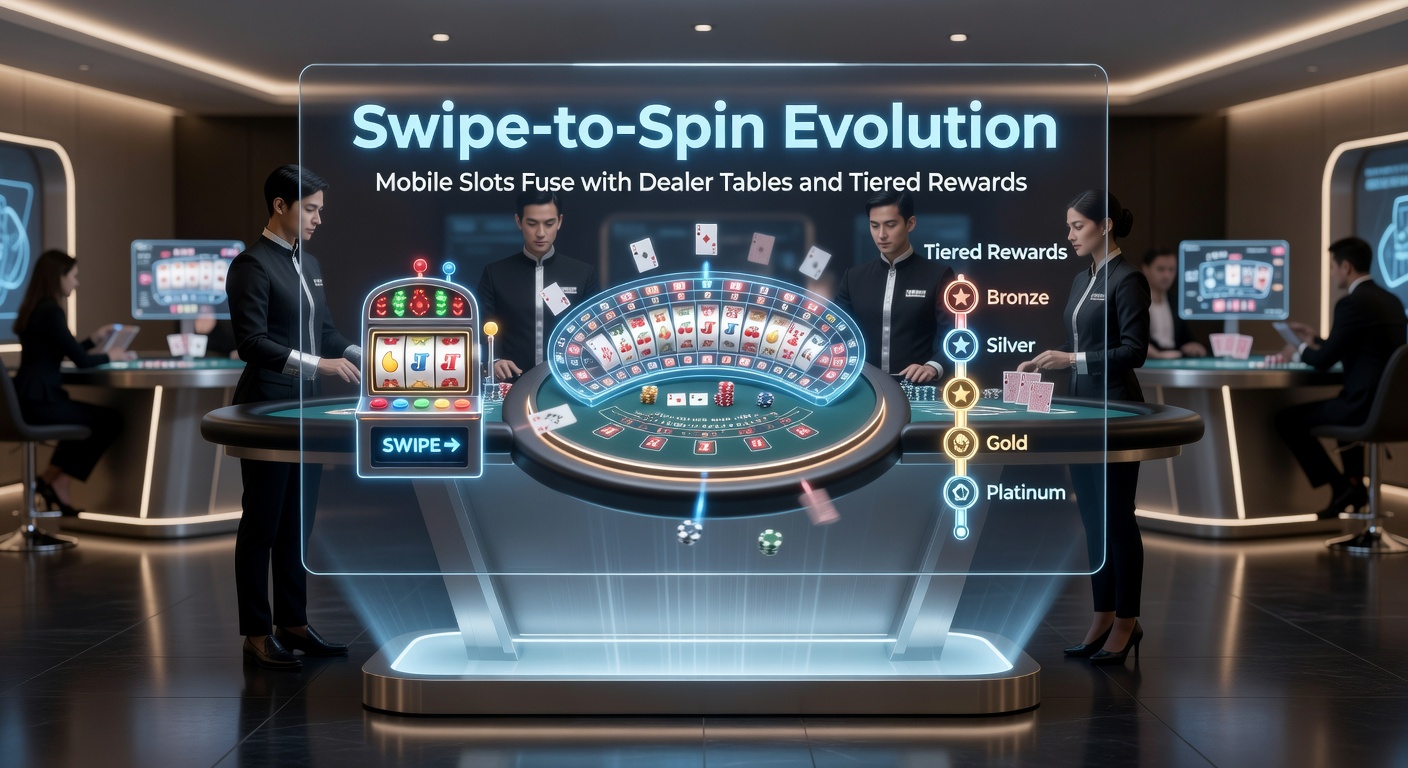 A vibrant mobile screen showing a swipe gesture transitioning from colorful slot reels to a live dealer roulette table, with glowing reward tier icons overlayed