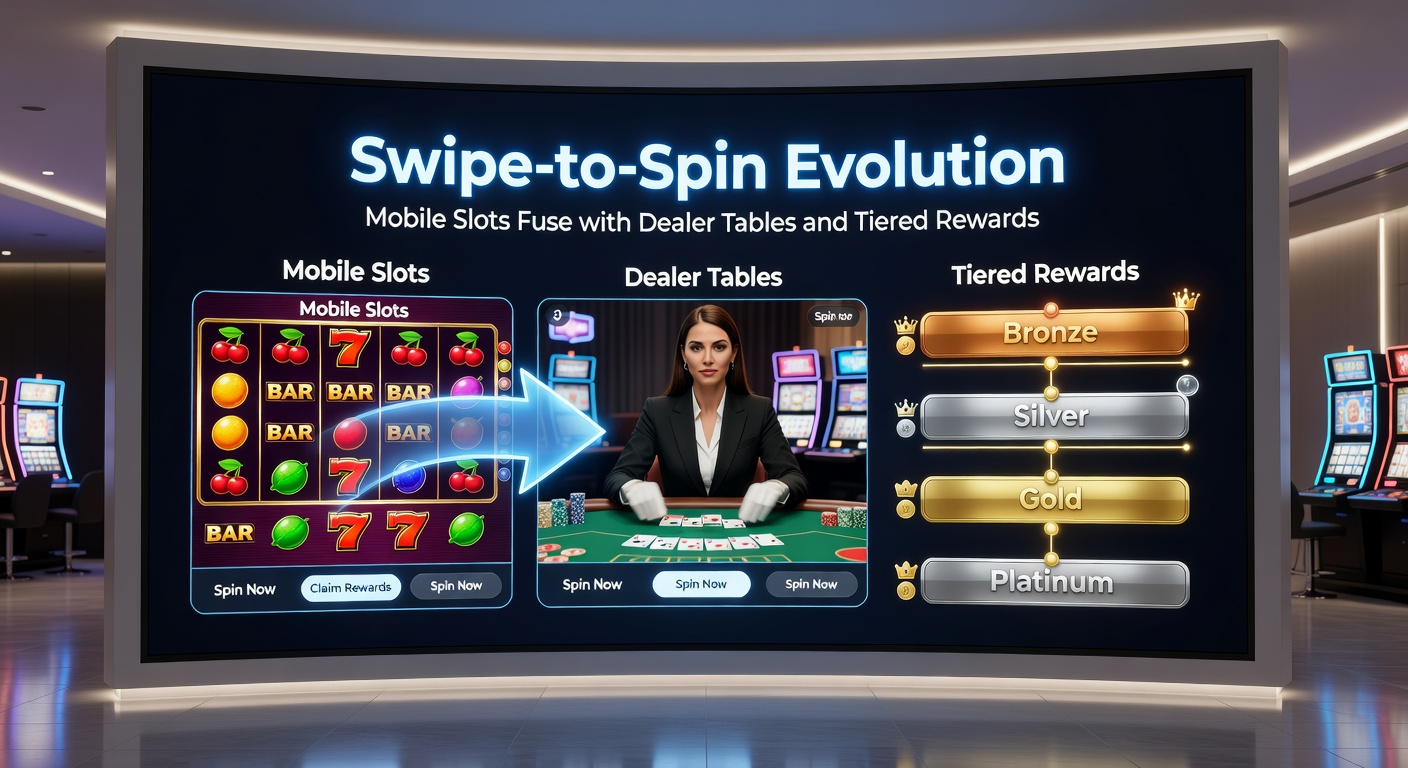 Close-up of a player's hand swiping on a smartphone, morphing slot symbols into live dealer cards and chips, with a progress bar filling toward the next reward tier